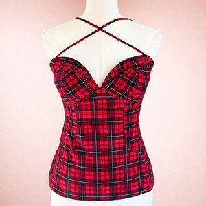 Vintage Y2K Red & Black Plaid Cross-Front Tie Top
